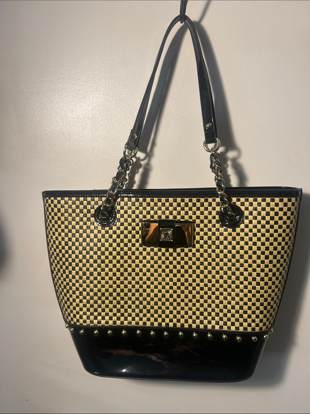 Anne Klein Black and Beige Woven Check Tote with Gold Hardware